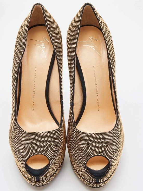 Giuseppe Zanotti Shoes - Giuseppe Zanotti Gold Studded Suede Embellished Peep Toe Platform Pumps